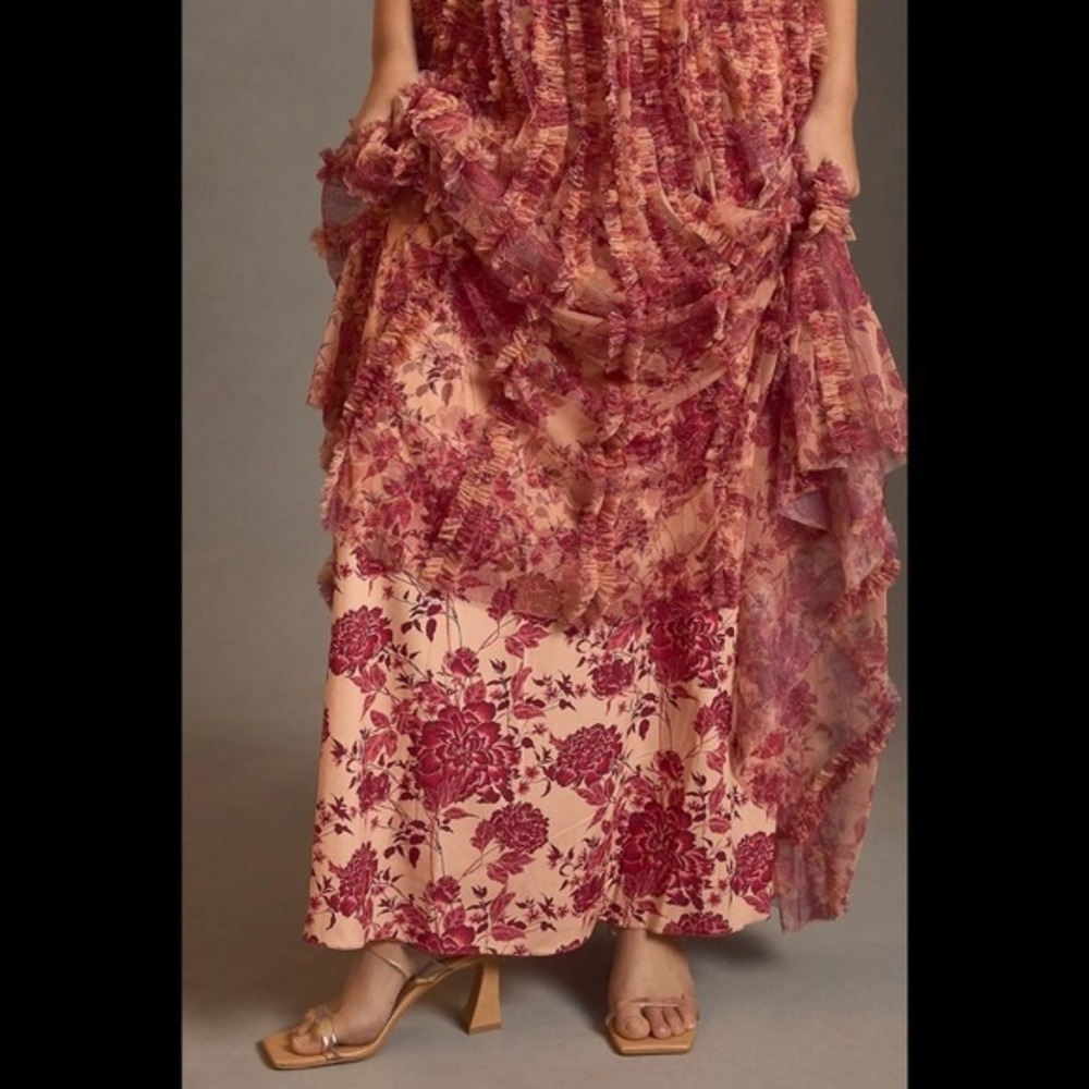 $798 NWT Anthropologie Mac Duggal Size 4 Red Floral Ruffle Long Maxi Dress Gown - Picture 7 of 12